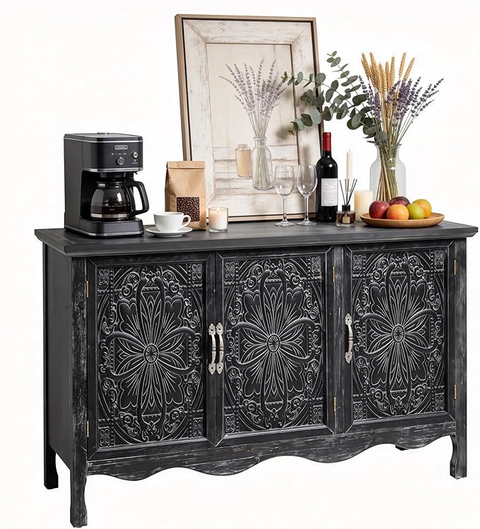RoyalCraft Buffet Cabinet with Storage, Vintage Solid Wood Sideboard with 3 Carved Doors, Painted Coffee Bar Console Table for Dining Room, Living Room, Kitchen, Distressed Black