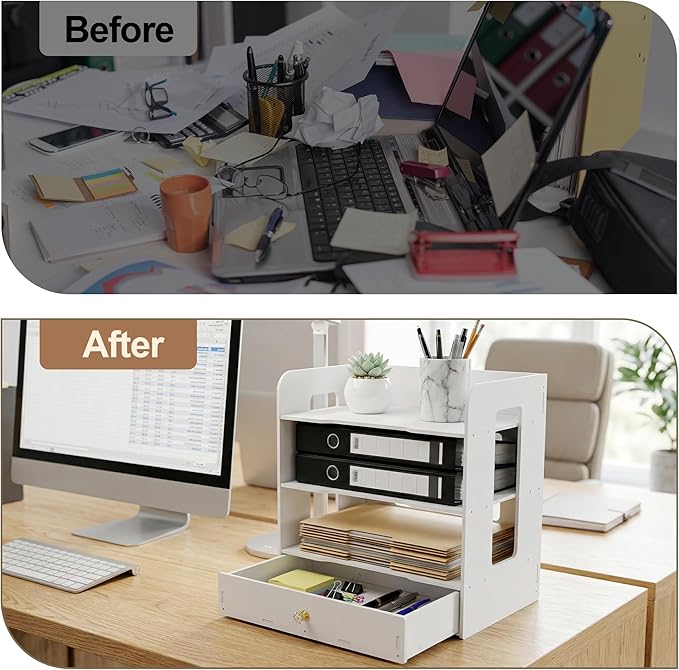 Desk Organizer, 3-Tier File Organizer for Desk with Drawer, Letter Tray Paper, Desktop Document Sorter for Letter, File Folder Holder for Office, Home or School- White MLT002W3