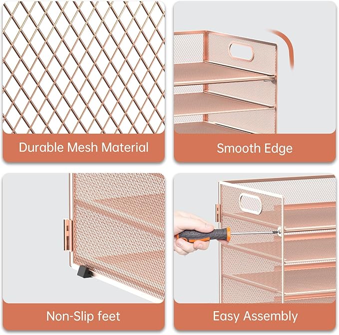 7 Tier Paper Organizer - Mesh Desktop File Holder with Handles for Office School Desk (Rose Gold)