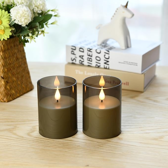 Flameless Flickering Candles, Non-breakable Battery Operated Candles, D 3" xH 4", Set of 2, Led Acrylic Grey Electric Pillars Candle with Remote and Timers for Wedding Party Romantic Decor