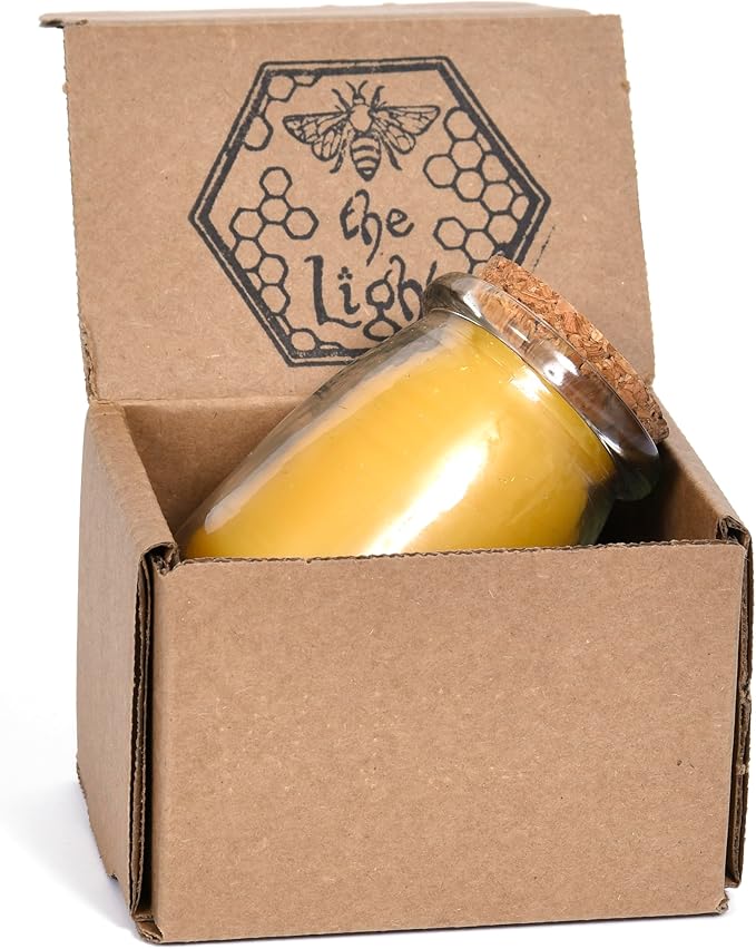 BeeTheLight Beeswax Jar Candle - 100% Pure USA Bees Wax in Glass Container with Cork Lid - Unscented - All Natural Light Honey Scent (3.3 oz w/Cork Lid, Unscented)