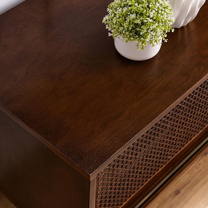 Amposei Mid Century Modern Wooden TV Stand Entertainment Center for 55/60/65 inch TVs, Sliding Rattan Door Console Storage Cabinet with Wood Legs for Living Room, Walnut