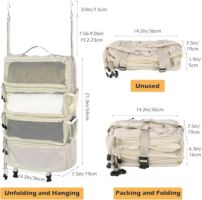 TABITORA Travel Luggage Organizer Hanging Packing Cubes Portable Hanging Shelves Carry on Closet for Suitcase with 2 Hooks,Collapsible(Beige,M)