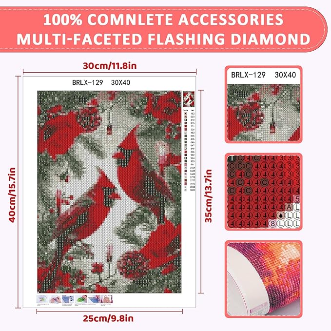 Skyboda Christmas Diamond Art Kits for Adults Beginners, North American Cardinal Diamond Painting Kits for Adults,5D Full Drill DIY Diamond Dot Gem Art Kit Wall Home Decor Arts Craft 12x16 inch