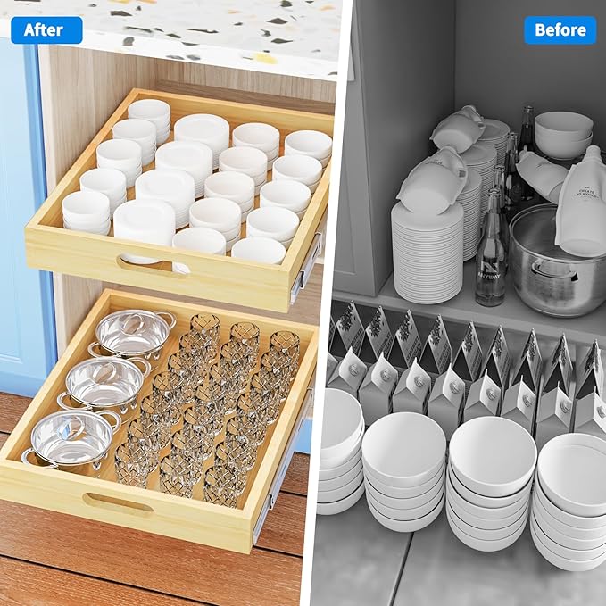 2 Set Pull Out Cabinet Organizer, Soft Close Slide Out Wood Drawer Storage Shelves for Kitchen, Base Cabinet Organization for Pantry, Finished, Heavy-Duty, Bottom Assembly (15” W x 21” D)