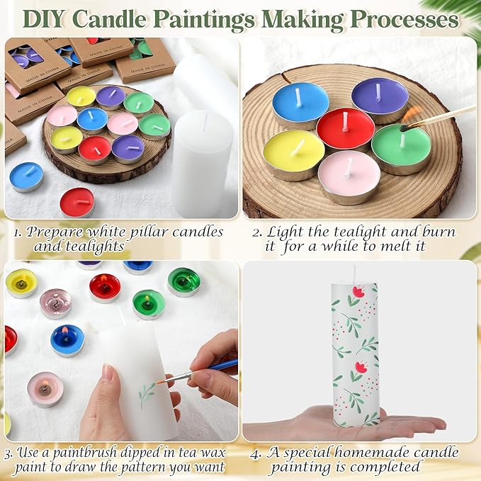 MTLEE 84 Pcs DIY Candle Painting Kit Include 12 White Pillar Candles 60 Colored Tealight 12 Paint Brushes for DIY Crafts Birthday Wedding Party Centerpiece(2"x6")