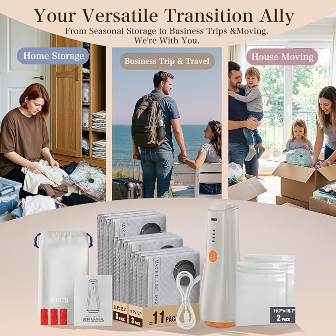 QcoQce Vacuum Storage Bags with Rechargeable Electric Pump, Space Saver Bags for Travel, Vacuum Seal Bags for Clothing, Bedding, Seasonal Storage, Compression Packing Bags for Suitcase