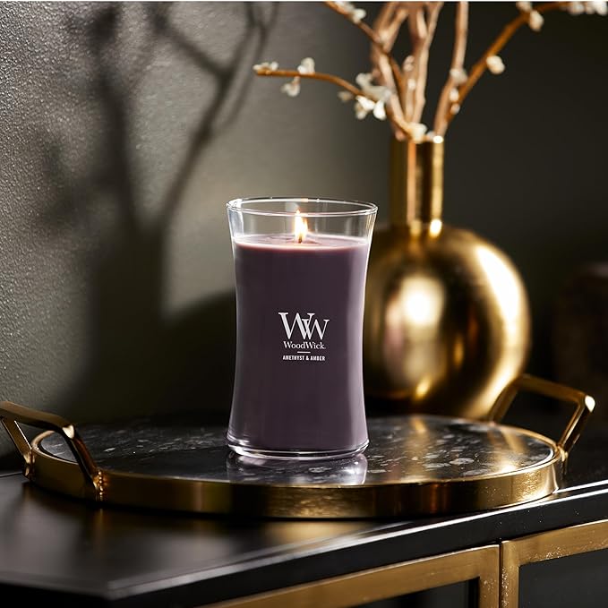 WoodWick Amethyst & Amber Gifts for Women and Men, 21.5 oz Large Hourglass Candle with Crackling Wick