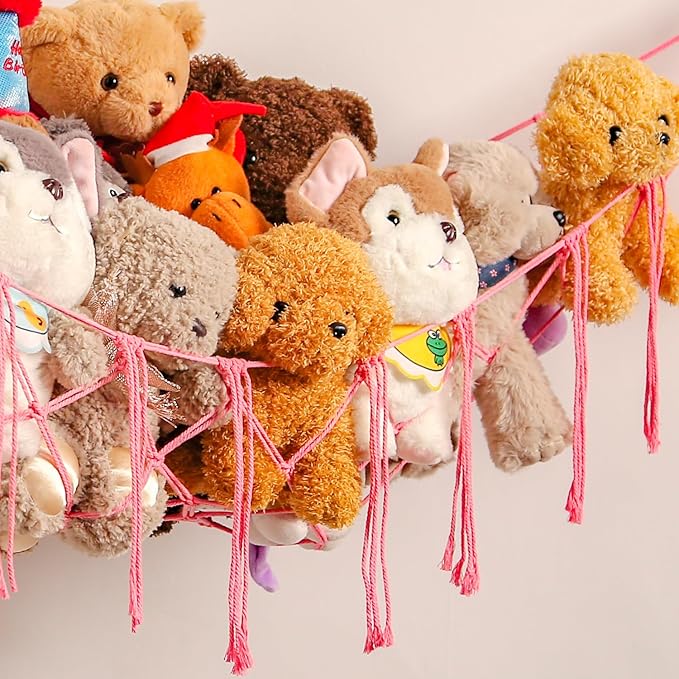 YKBU Stuffed Animals Hammock Corner Hanging Net with Tassel Macrame Stuffed Animal Storage Plush Toy Holder Toy Organizer for Boho Nursery Playroom Bedroom Kids Room (pink, large)