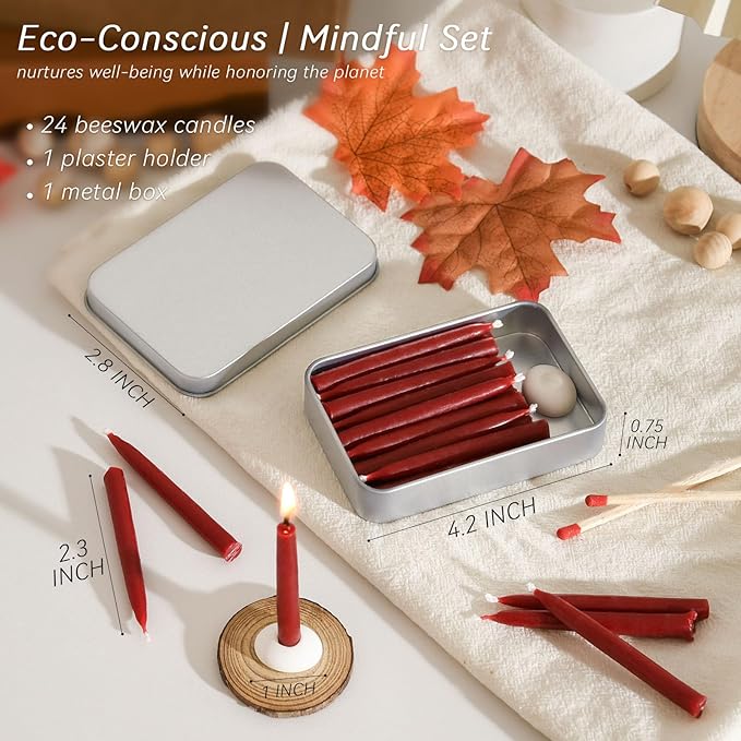 20 Minute 100% Pure Beeswax Candles, Mini Mindful Meditation Taper Candles, Smokeless & Dripless with Holder for Yoga, Prayer, Relaxation (Red,24 Pack)