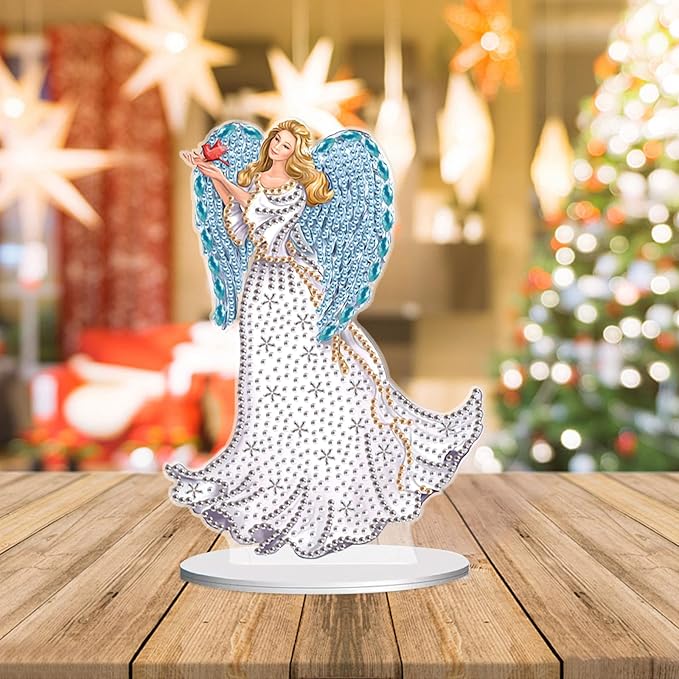 antor Diamond Painting Desktop Ornament Kit, Acrylic Tabletop Diamond Art Tabletop Decoration with Wings Angel Figurine for Adults, Special Shape Crystal DIY Crafts Gift