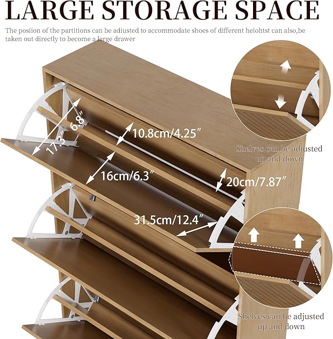 Fsbecl Shoe Storage Cabinet for Entryway with 3 Flip Drawers, Narrow Shoe Organizer with Fluted Panel, Freestanding Wood Hidden Shoe Cabinet for Hallway(Wood Color, 31.4''W, Double Layer)