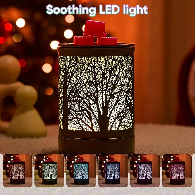 Enaroma Fragrance Wax Melts Warmer with 7 Colors LED Changing Light Classic Black Forest Design Scent Oil Candle Warmer for Home Black Tree Timer