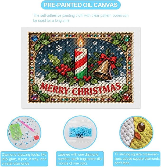 AIVKIEJK Diamond Painting Kits for Adults - Merry Christmas Candle & Holly Accents Painting DIY 5D Full Drill Diamond Dots Paintings with Diamonds Gem Art and Crafts Home Decor 8"x12"