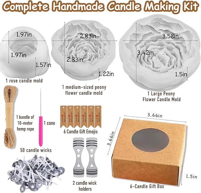 69 pcs Candle Making Silicone Mold Set,2 Peony(Large + Medium) Mold 1 Rose(Small) Set of 3D Flower Silicone Molds, for Soap,Candle Home Décor Handmade Gift