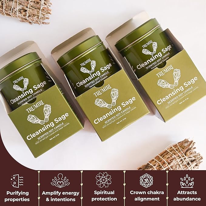 Sage Candle for Cleansing House Negative Energy - Pack of 3 x 5oz Soy Wax Natural Clean Organic Non Toxic - Aromatherapy Spiritual Meditation Gifts - Long Lasting Highly Scented Candel with Crystals