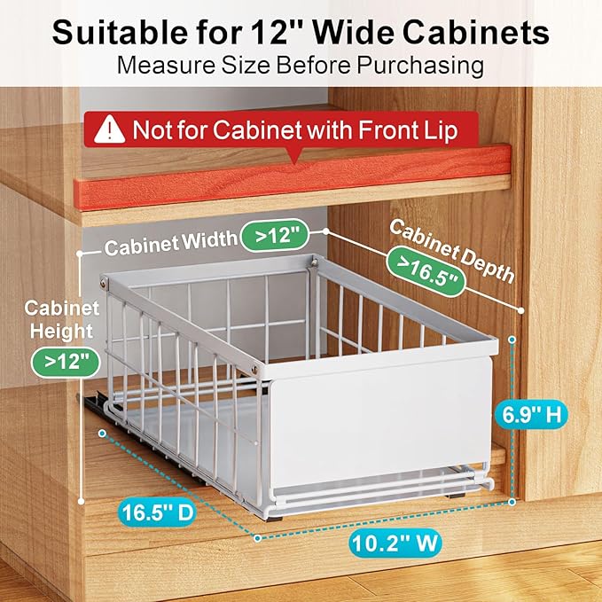 iSPECLE Pull Out Cabinet Organizer, Adhesive Slide Out Drawers with 6.9" High Sides, No Drill Under Cabinet Storage Shelves for Kitchen Pantry, Heavy Duty Smooth Gliding Rolling Tray, White