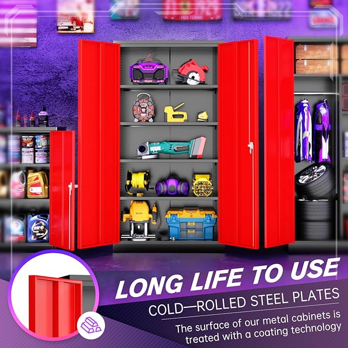 Superday Metal Storage Cabinets, 72" Storage Cabinet with Locking Door, Tall Garage Cabinet with 2 Doors and 4 Adjustable Shelves for Home Office, Classroom, Easy Assemble(Black Red)