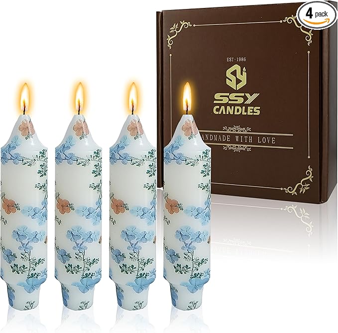 5 inch Short Candle Blue Floral Candle Sticks Printed Candlestick Handmade Unscented Taper Candle 4 Pack Blue Flower Tapered Candles for Home Dinner Wedding Holiday