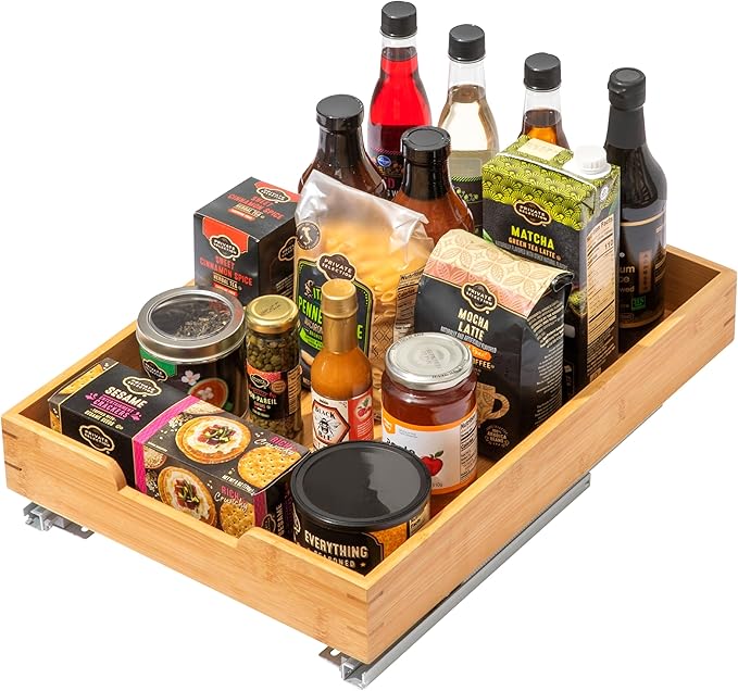 HOLDN’ STORAGE Bamboo Wooden Pull out Cabinet Organizer 14"W x 21"D Requires At Least a 15.25"W x 21"D Cabinet Opening W/Lifetime Limited Warranty, Bamboo Tray and Heavy Gauge Metal Rails