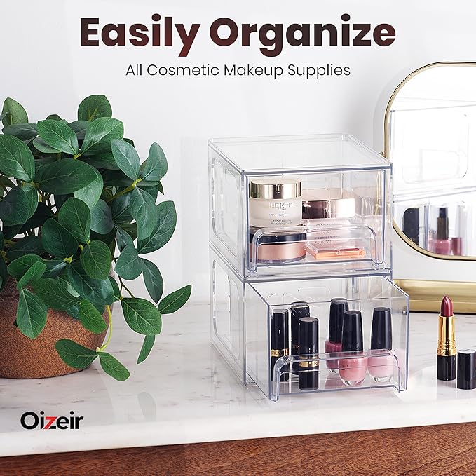 Oizeir Clear Stackable Storage Drawers - 4-Pack Acrylic Makeup Organizer Bins for Vanity, Bathroom, Countertop, Cabinet, or Kitchen - Perfect for Cosmetics, Office, and Small Item Organization