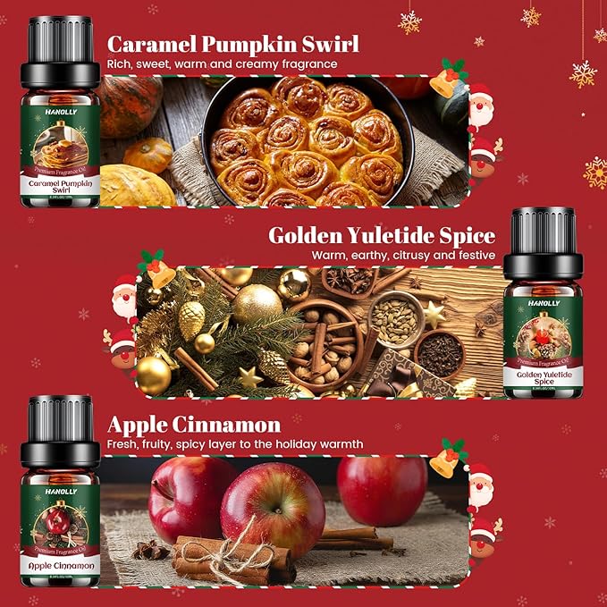 Christmas Fragrance Oil Set, 6 Premium Holiday Essential Oils for Diffuser, Candle Making - Caramel Pumpkin Swirl, Apple Cinnamon, Merry Berry Christmas, Christmas Fireplace Scented Oil Gift Set