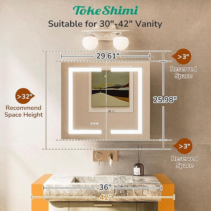 TokeShimi 30x26 Recessed Medicine Cabinet with Lights 3 Color Dimmable and Defogger, Led Medicine Cabinet Mirrored with Outlet Surface or Recessed, Bathroom Mirror with Storage Adjustable