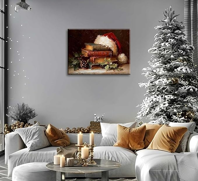 Paint by Number Kit for Adults & Kids, Christmas Vintage Books with Santa Hat 16x20 Inch, DIY Acrylic Painting Kit with Brushes & Paints, Holiday Art Decor for Home Framed