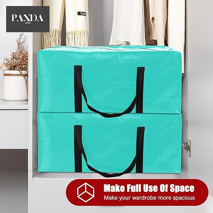 PANDA JOYS 8 Pack Extra Large Moving Bags with Zippers & Carrying Handles, Heavy-Duty Storage Tote for Space Saving Moving Storage, Fold Flat, Alternative to Box and Bin,Aquamarine