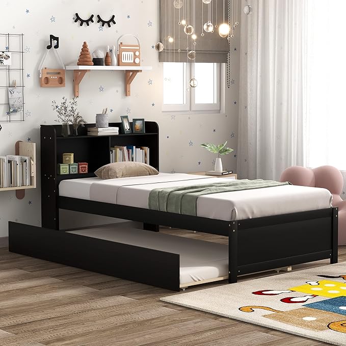Harper & Bright Designs Twin Size Platform Bed with Bookcase Headboard and Trundle, Wooden Twin Platform Bed Frame with Bookself for Kids Girls Boys, Espresso