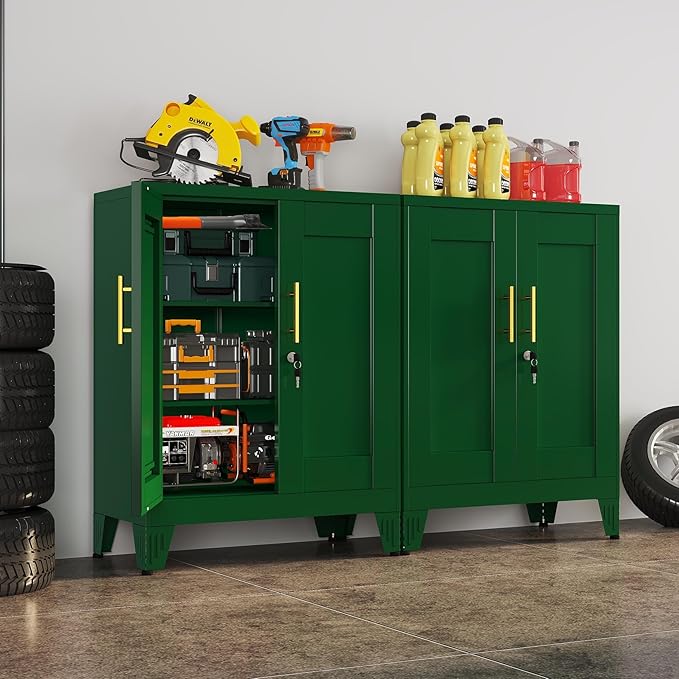 Green Metal Storage Cabinet, 36" Tall Locking Storage Cabinet with 2 Adjustable Shelves, Steel Locker Organizer, for Office, Home, School, 2PS