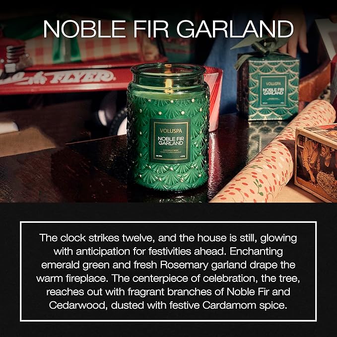 Voluspa Noble Fir Garland, Large Candle Jar, 18oz, Coconut Wax Blend, Scented Candles for Home, 100 Hour Burn Time, Poured in The USA