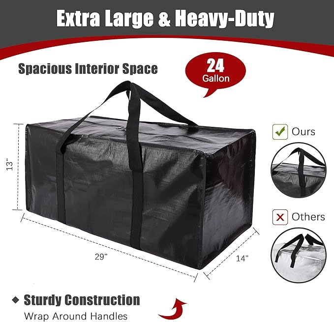PANDA JOYS Extra Large Moving Bags with Zippers & Carrying Handles, Heavy-Duty Storage Tote for Space Saving Moving Storage, Fold Flat, Alternative to Box and Bin - 8 Pack, Black