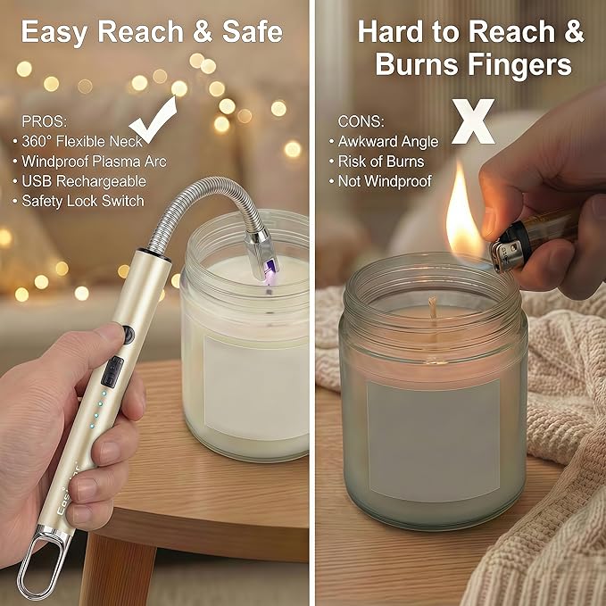 Castelar Electric Candle Lighter with Long Flexible Neck, USB Rechargeable Arc Lighter with Safety Lock for Candle, BBQ, Camping, Housewarming, and Birthday Gifts