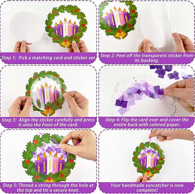 Glicholi 42 Packs Christmas Advent Wreath Suncatchers Crafts, Make Your Own Advent Candle DIY Tissue Art Craft Gift with Joy Christ Peace Hope Love for Xmas Home Church Game Activities