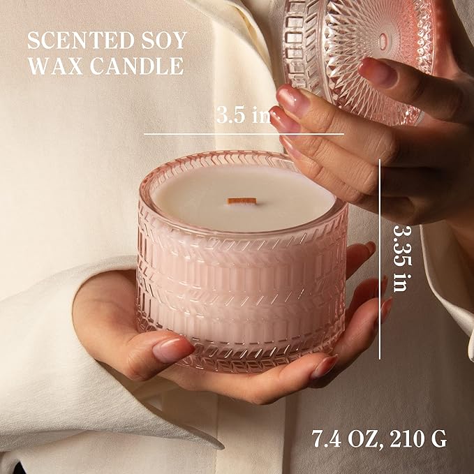 Hidden Label Sandalwood Rose Scented Candle with Crackling Wood Wick, 7.4oz Pink Soy Candle for Home Scented, 55H Clean Burn, Non-Toxic Aromatherapy Candle for Relaxation, Romance & Gifting