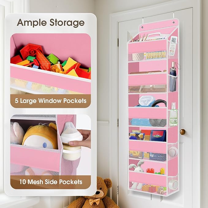 SpaceHacks 5-Tier Over The Door Organizer Hanging Storage Organizers with Clear Window 40lb Large Capacity Room Organizer for Pantry Bathroom Nursery Closet(Pink)