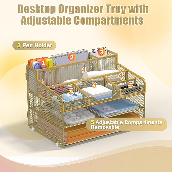 Docnest 3 Tier Mesh Desk Organizer for Paper Office Supplies – Multi-Functional Letter Tray with 5 Adjustable Compartments, 3 Pen Holders, Desktop Storage for Files, Mail, Stationery – Gold