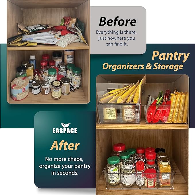 6-Pack Pantry Organizer Bins – Clear Storage Containers for Pantry, Kitchen, Fridge, Cabinet, or Shelf – Perfect for Snacks, Food, Drinks & Multi Purpose