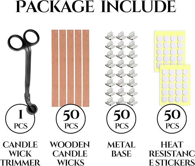 BELMAKS 151PCS Candle Making Set Wooden Wicks with Metal Base, Smokeless, Includes Wick Trimmer and Stickers