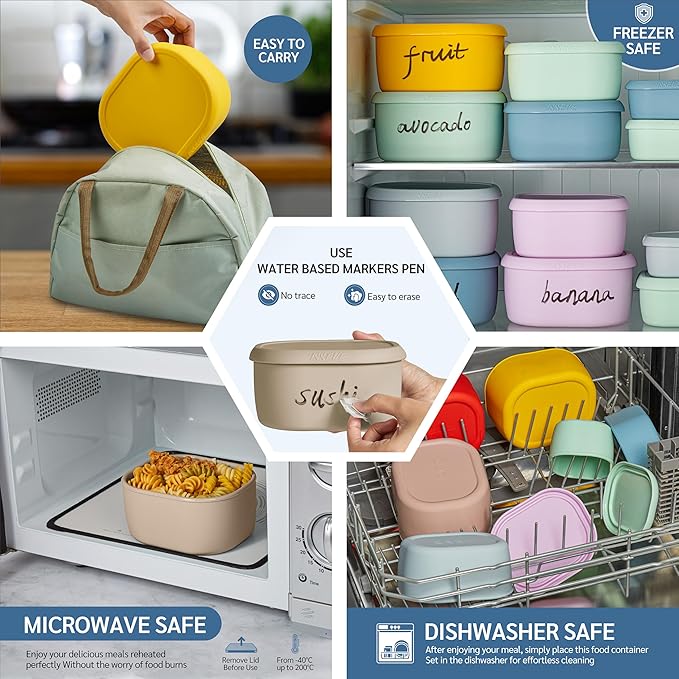 ISSEVE 12Pcs/Set Nesting Silicone Food Storage Containers with Lids, BPA Free Reusable Meal Prep Silicone Containers Airtight, Freezer Dishwasher Safe (33.8oz, 20oz, 10oz, 6.7oz, 1.3oz) (Beige)