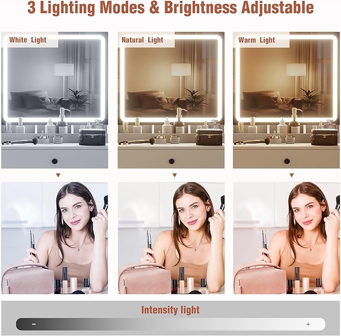 YIKEHOME Small Vanity Makeup Mirror Desk with Stool, Makeup Vanity Table Set with with 3 Lighting Modes & Adjustable Brightness, Dressing Table for Women Girls Bedroom, White
