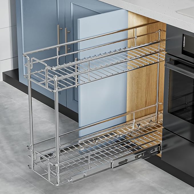 ROOMTEC Pull Out Cabinet Organizer for Narrow Cabinet (8.5" W X 21.5" D), Kitchen Cabinet Organizer and Storage 2-Tier Cabinet Pull Out Shelves Under Cabinet Storage for Kitchen, Chrome