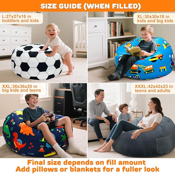 Lukeight Soccer Stuffed Animals Storage Bean Bag Chair Cover Only (Ships Empty, No Filling) - Velvet YKK Zipper Beanbag Cover for Big Kids Teens, Washable Plush Toy Organizer, XX-Large 36" D x 20" H