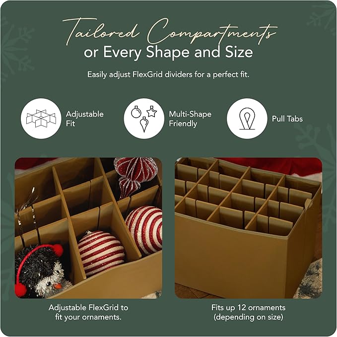 Covermates Keepsakes Adjustable Ornament Storage Bag – Heavy-Duty Polyester, Padded Dividers & FlexGrid Trays – Protective Holiday Ornament Organizer with Handles & Label Window, Green Snowflake