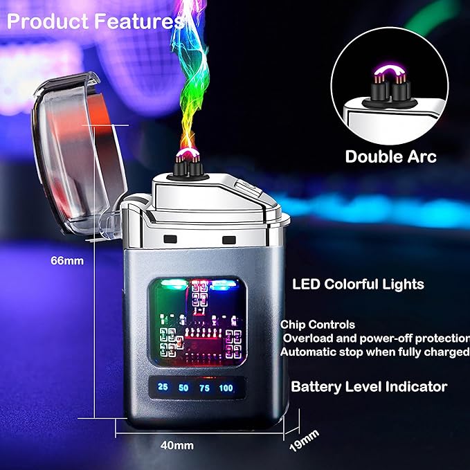 Advanced Small Electric Lighter Double Arc Flameless Rechargeable Windproof with Transparent Shell and LED Display,Silver-Black Color
