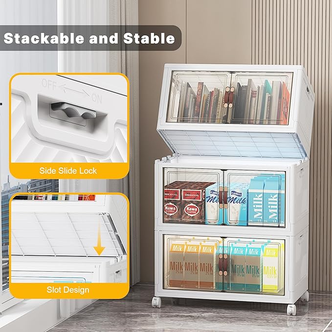 Stackable Storage Bins with Lids, 312QT Closet Organizers and Storage with Doors and Wheels, Extra Large Storage Cabinet, Collapsible Plastic Drawers for Bedroom Dorm Office Garage