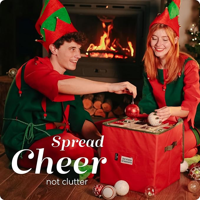 Handy Laundry Christmas Ornament Storage - Stores upto 64 Holiday Ornaments, Adjustable Dividers, Zippered Top, Two Handles. Storage Box Keeps Holiday Decorations Clean and Dry for Next Season. (Red)