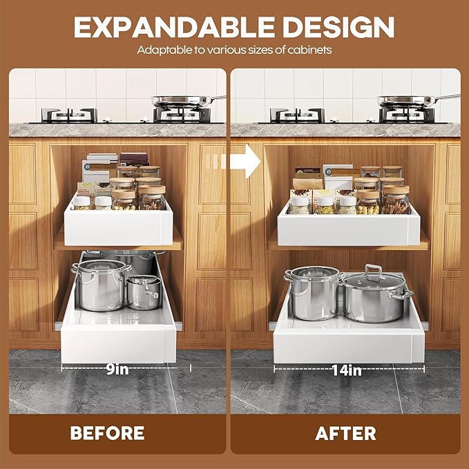 4 Pack Expandable (9"-14") Pull Out Cabinet Organizer 21" Deep With Raising Pad for Framed Cabinets,Upgrade 3 Slide Rails Slide Out Drawers,No Drill Roll Out Shelves Adhesive,White