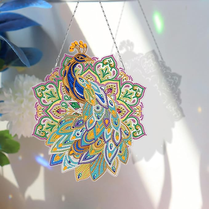 Diamond Art Painting Peacock Hanging Signs with LED Light String DIY 5D Peacock Diamond Art Wreath Hanging Pendant Special Shaped Beads Paint by Number Mosaic Kits for Garden Home Wall Spring Decor